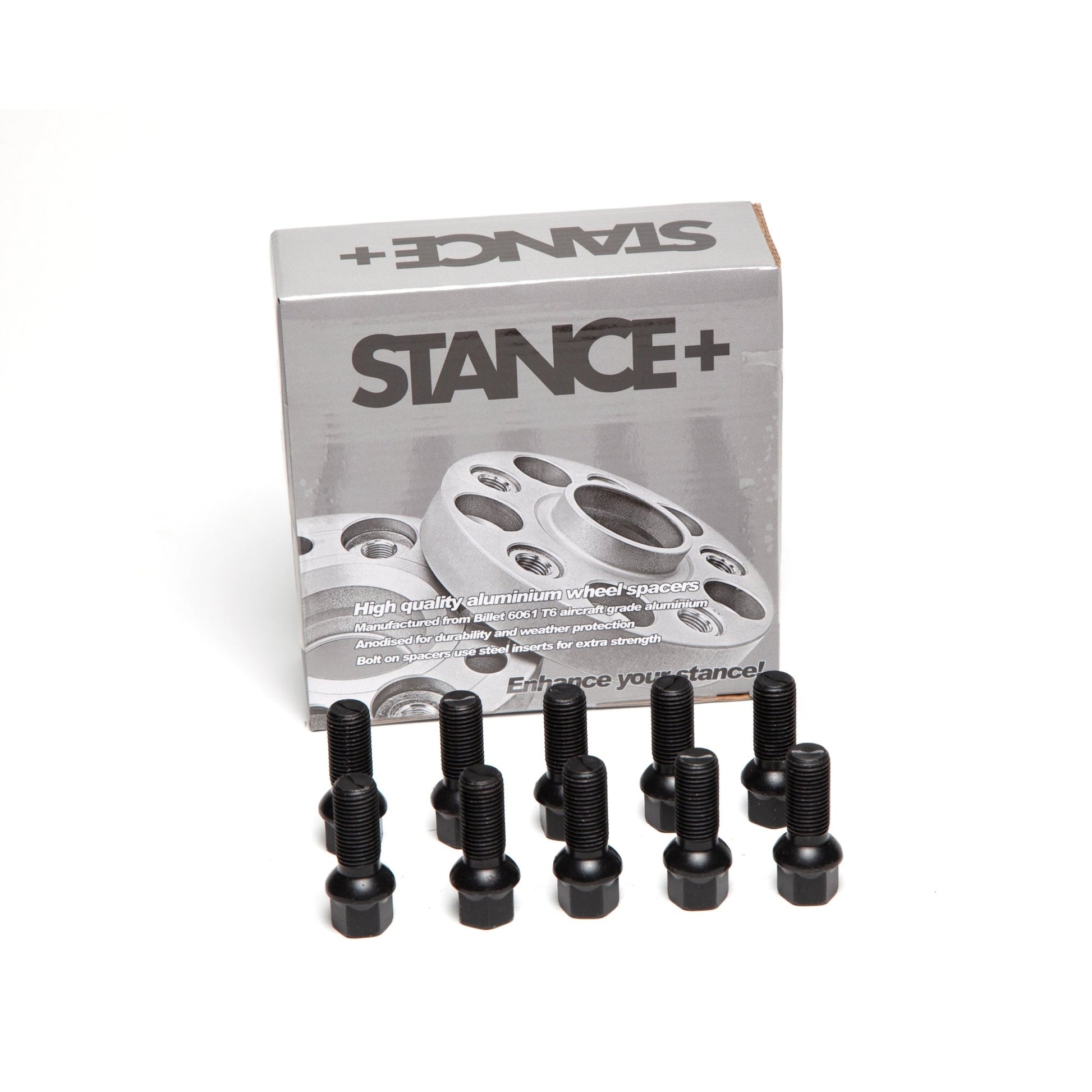 M14x1.5mm R12 Radius 17mm Hex Black Wheel Bolts - STANCE+